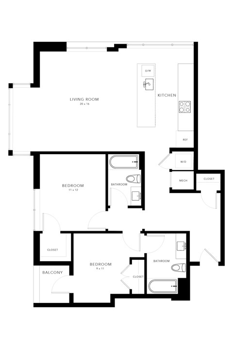 Floor plan for 2 beds, 2 baths, 1051 sqft